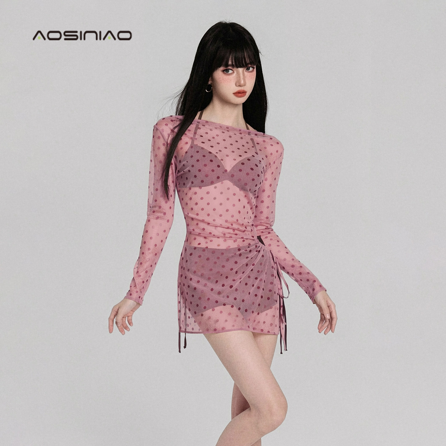 新款纯欲风分体泳衣女三件套长袖网纱遮肚显瘦海边度假泡温泉泳装