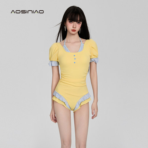 甜美格纹撞色连体泳衣女显瘦