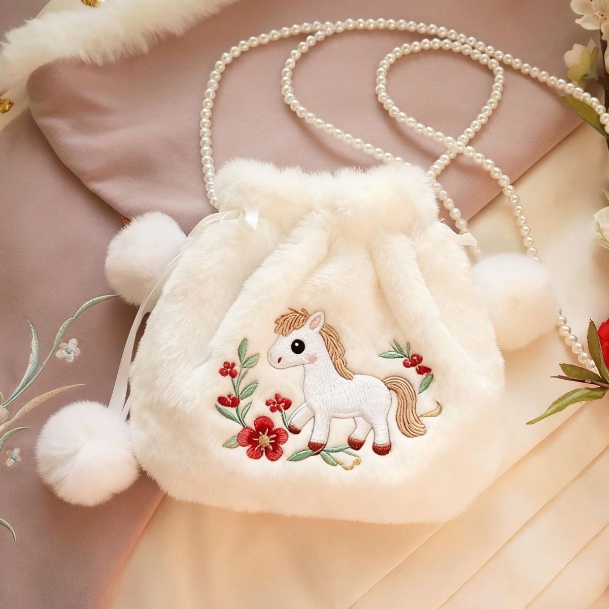 小马汉服儿童配饰女包国风斜挎百搭包刺绣古风新款冬季毛绒