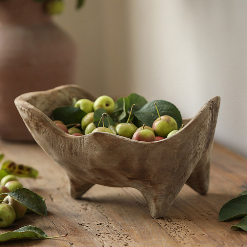 木质带脚元宝形托盘侘寂风摆件茶