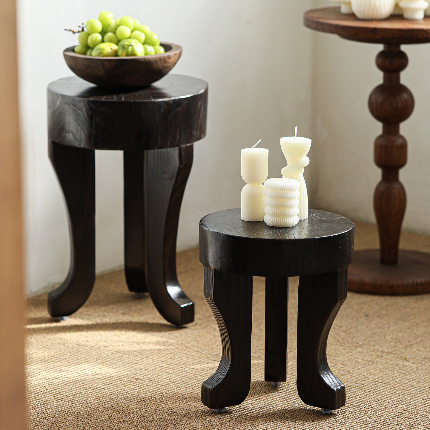 章鱼小边几黑色复古做旧侘寂风家居装饰品客厅沙发边三脚小圆凳