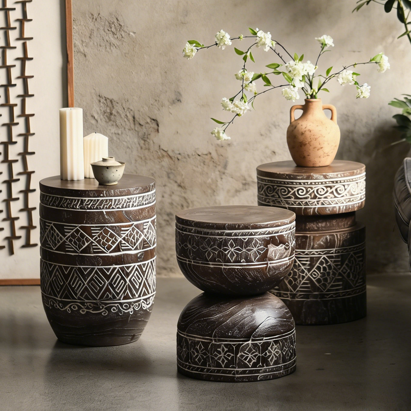 汉风雕纹矮凳实木侘寂风复古做旧圆凳客厅沙发边几小茶几艺术木墩