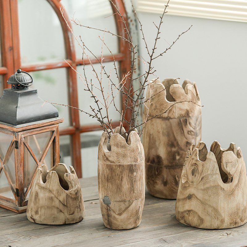 木制圆桶花插泡桐木手工打磨复古做旧民宿实木侘寂风花瓶摆件木质