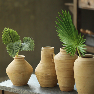 复古做旧土陶罐黄色陶瓷花瓶侘寂风仿真花花器客厅玄关摆设饰品