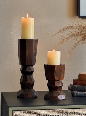 实木高脚杯蜡烛烛台摆件中古风侘寂风复古做旧装饰品客厅玄关摆设