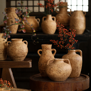 古垣素年双耳翁斑驳陶瓷花瓶复古做旧客厅高级感创意玄关摆件装饰