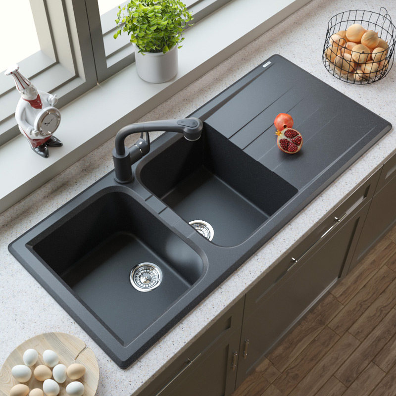 德国迈锐博进口石英石水槽花岗岩大双槽厨房黑色家用带沥水板912