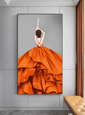 手绘油画玄关背景墙装饰画北欧餐厅挂画轻奢少女橙色裙子客厅壁画