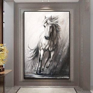 手绘油画一马平川玄关背景墙挂画现代黑白灰色轻奢客厅餐厅装饰画