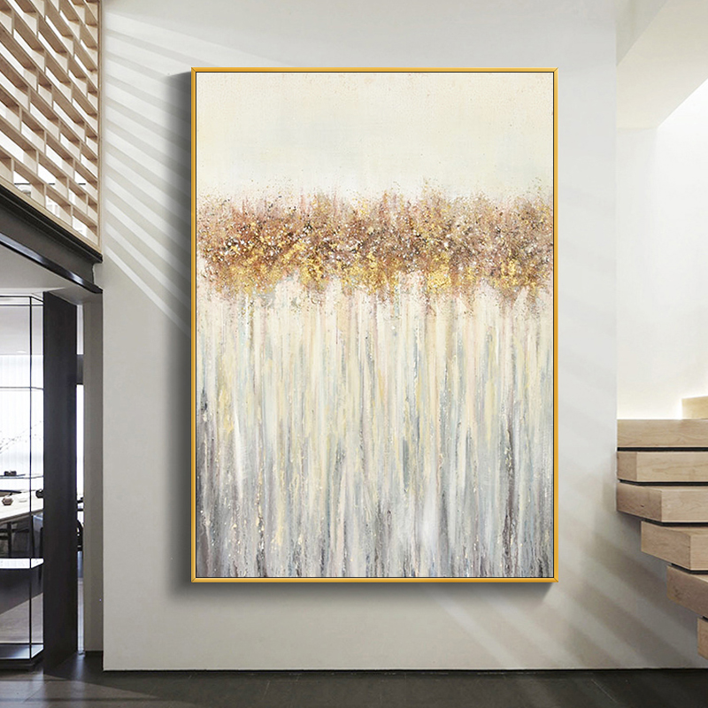 纯手绘油画轻奢金箔发财树北欧餐厅玄关背景墙装饰画美式卧室挂画图片