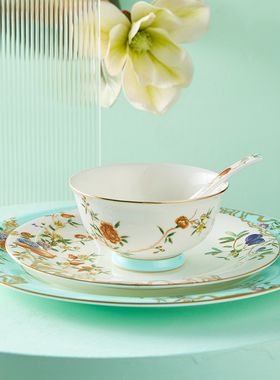 伯善骨瓷新中式骨瓷家用餐具碗碟套装陶瓷礼品欧式复古盘子小奢华