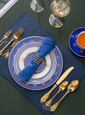 宝丽金蓝色西餐餐具轻奢套装家用骨瓷餐具西餐盘牛排刀叉盘子全套