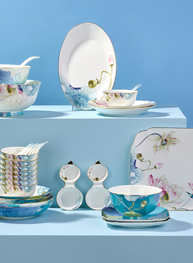 伯善瓷荷雅中式骨瓷家用餐具碗碟套装陶瓷礼品欧式复古盘子小奢华