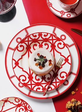 格兰德 红色碗碟套装家用创意餐具宴会喜庆汤碗结婚碗轻奢红饭碗