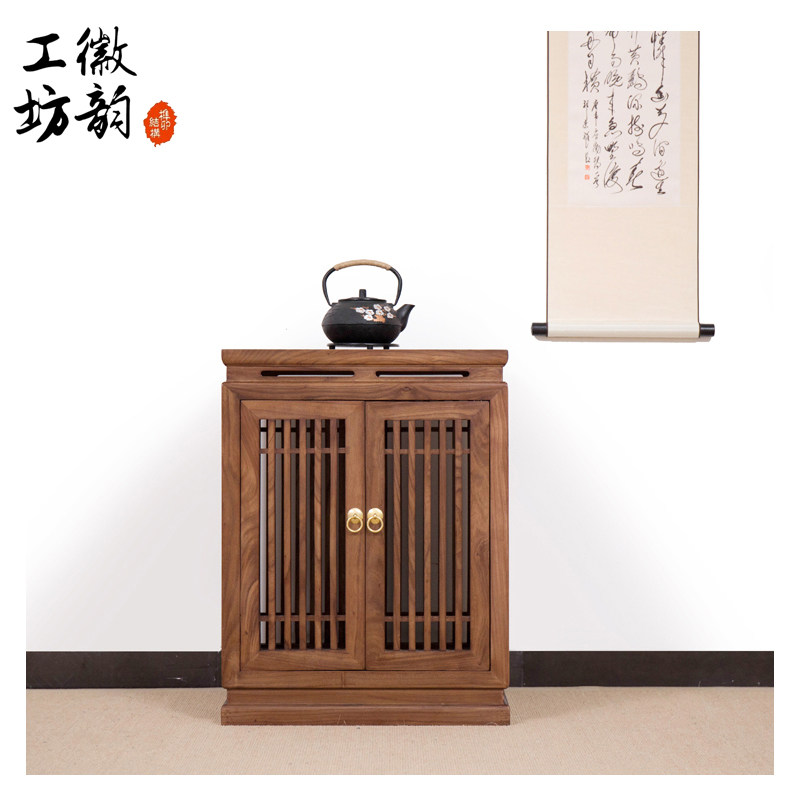 老榆木茶水柜储物柜墙边柜子黑胡桃木餐边柜禅意柜子茶室成套家具