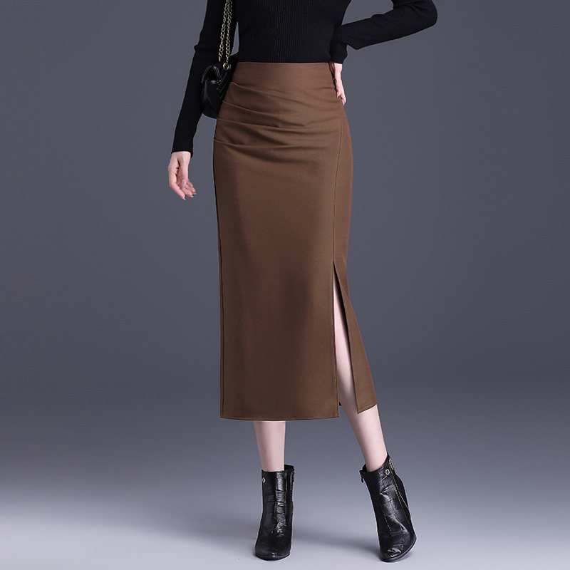 中长款侧开叉一步裙秋冬轻熟御姐风开衩包臀裙高腰显瘦半身长裙
