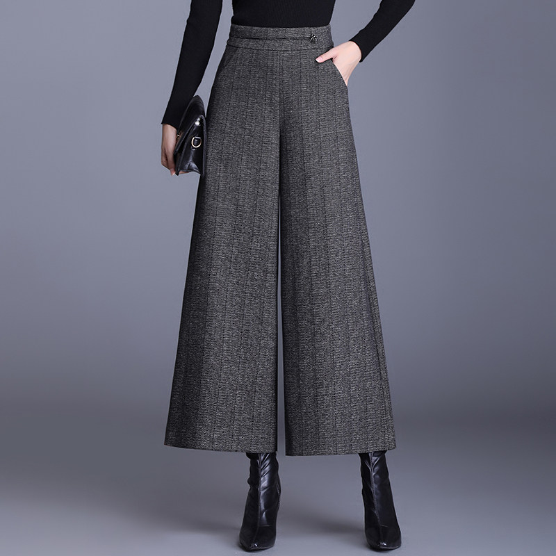 高腰毛呢阔腿裤女秋冬2021新款显瘦裙裤大脚休闲裤宽松阔脚九分裤