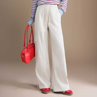 米色直筒工装裤女2025秋季新款高腰阔腿显瘦束脚休闲抽绳降落伞裤