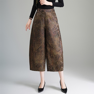 提花中式妈妈八分阔腿裤2025新款秋季花苞裤小个子女士高端灯笼裤