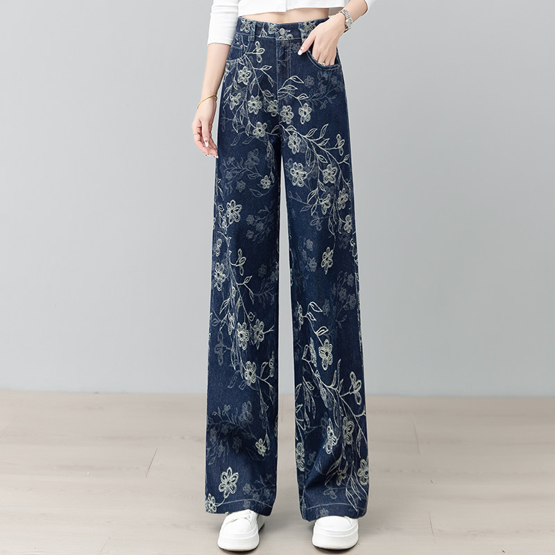 新中式复古印花窄版阔腿牛仔裤女薄款春夏季高腰显瘦遮肉直筒裤子