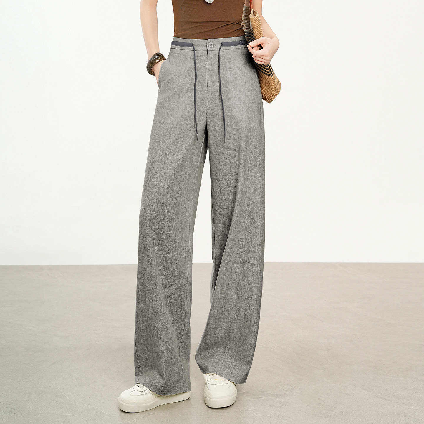 高个子亚麻西装阔腿裤女夏薄款2026新款加长版高腰直筒休闲裤子