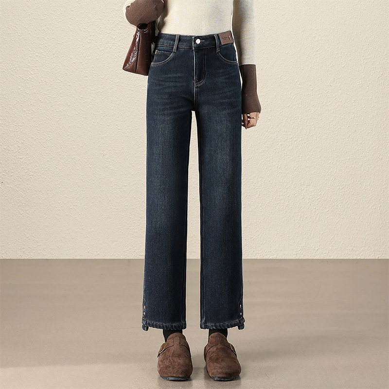 加绒牛仔烟管裤女2025冬季新款高腰显瘦九分小个子宽松直筒法棍裤