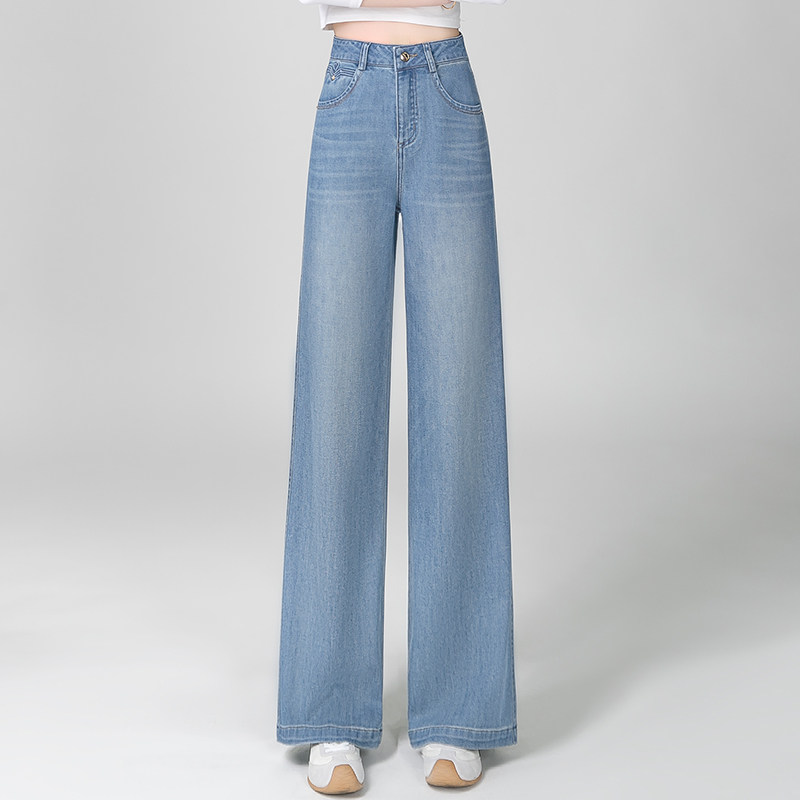 窄版阔腿牛仔裤女高腰收腹百搭春夏季薄款显瘦垂感宽松直筒裤子女