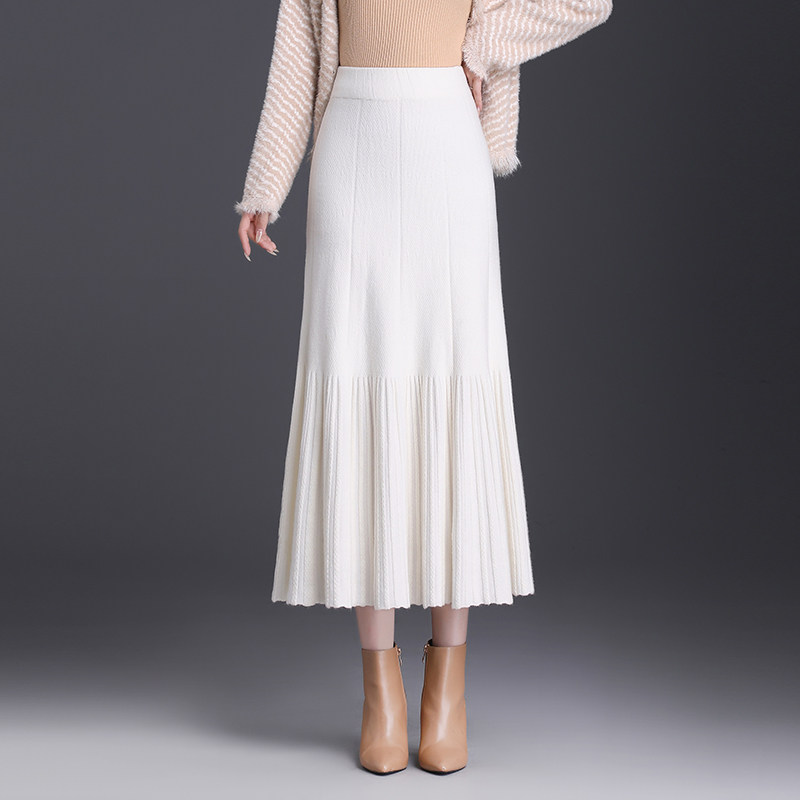 白色针织鱼尾半身裙女2025秋冬新款加厚高腰显瘦a字大摆裙中长裙