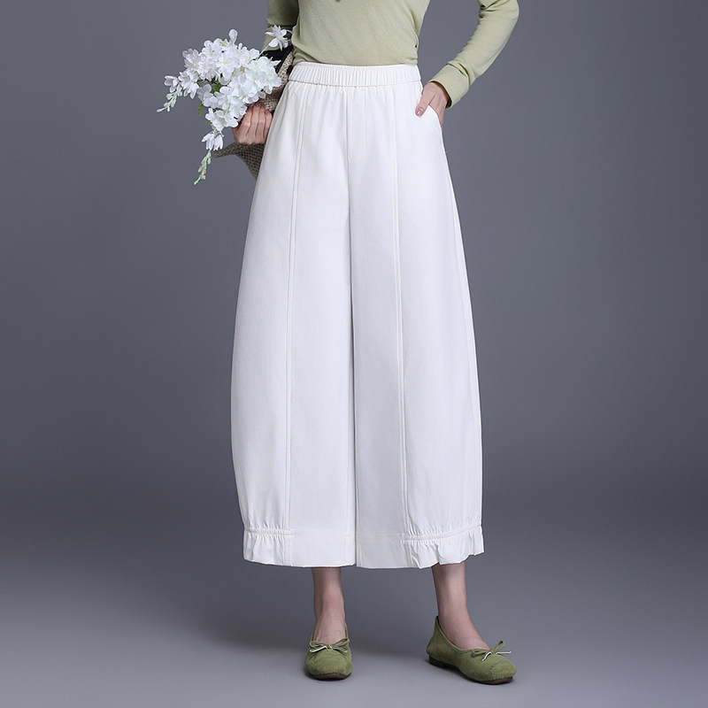 白色花苞裙裤女春夏2026新款高腰九分小个子花边休闲灯笼裤阔腿裤