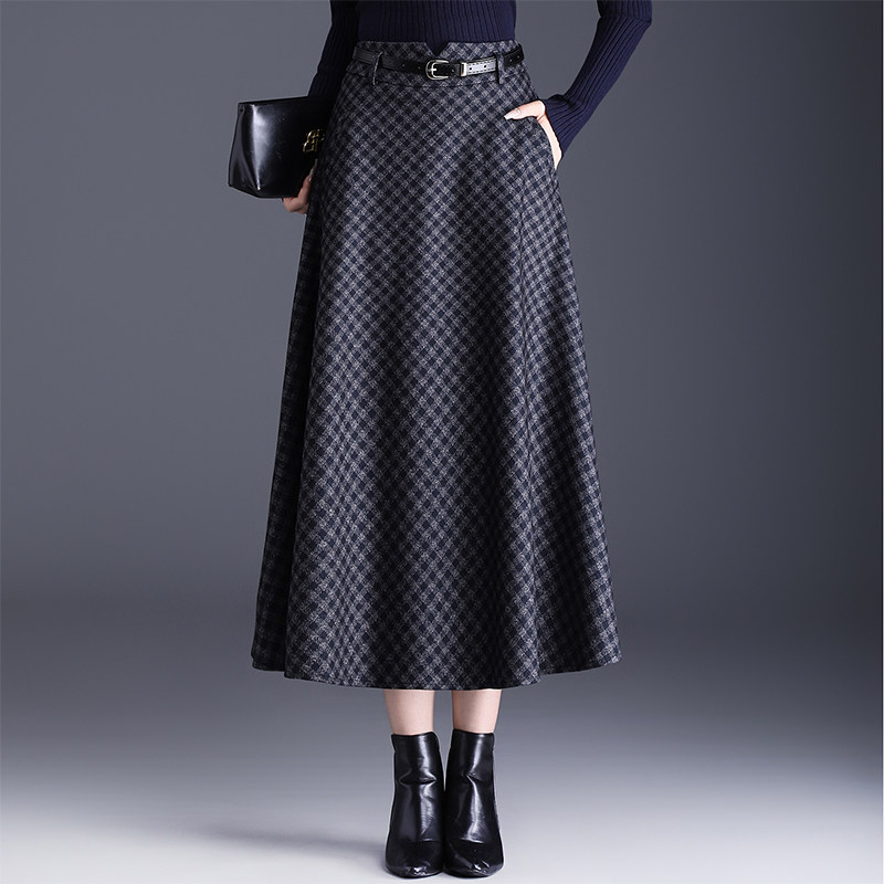 高级感通勤格子半身裙女冬季大码高腰显瘦遮胯毛呢a字大摆裙长裙