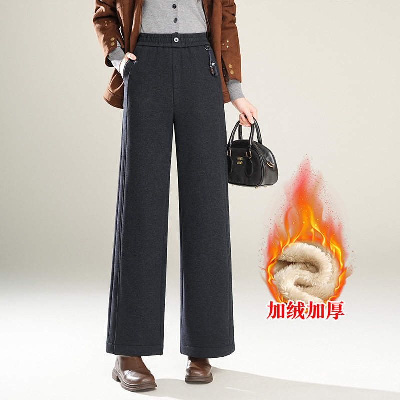 加绒直筒阔腿裤女冬新款高腰松紧加厚针织牛仔休闲裤中年妈妈裤子