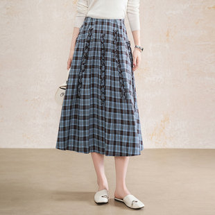 复古格子半身裙高腰花边中长款伞裙2026春夏季新显瘦a字裙大摆裙