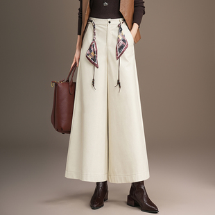 白色皮裤阔腿裤女秋冬2025年新款高腰显瘦宽松直筒裤小个子七分裤