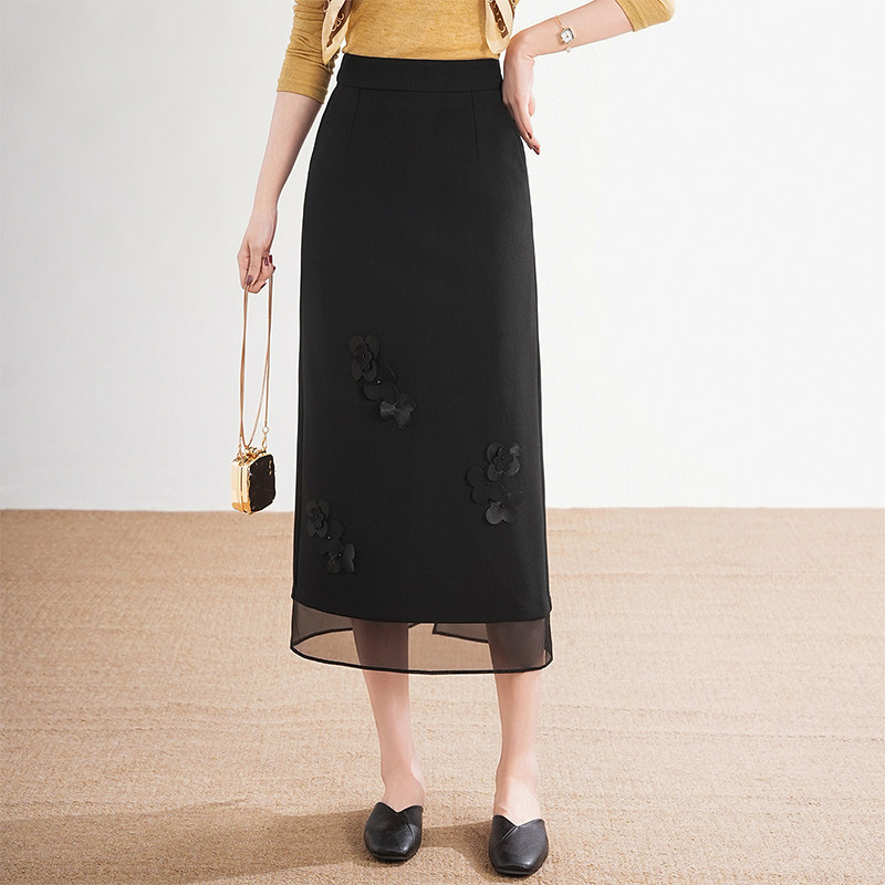 直筒裙网纱边立体订花半身裙女黑色裙子长裙新款春夏季垂感一步裙