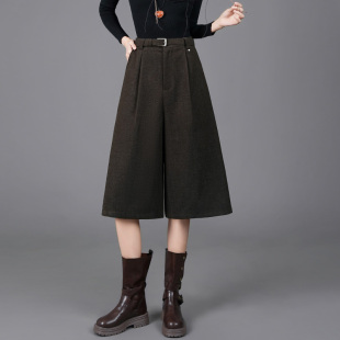 毛呢七分裤女2025秋冬季新高腰显瘦阔腿a字休闲裤宽松直筒裤裙裤