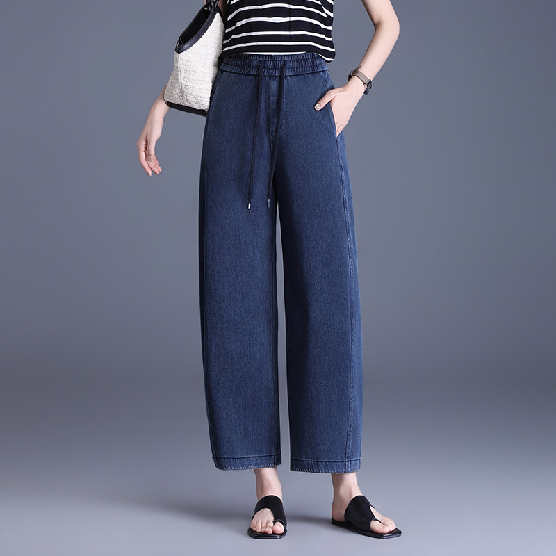 松紧高腰弹力休闲牛仔裤女春夏季新流行小个子时尚直筒弯刀镰刀裤