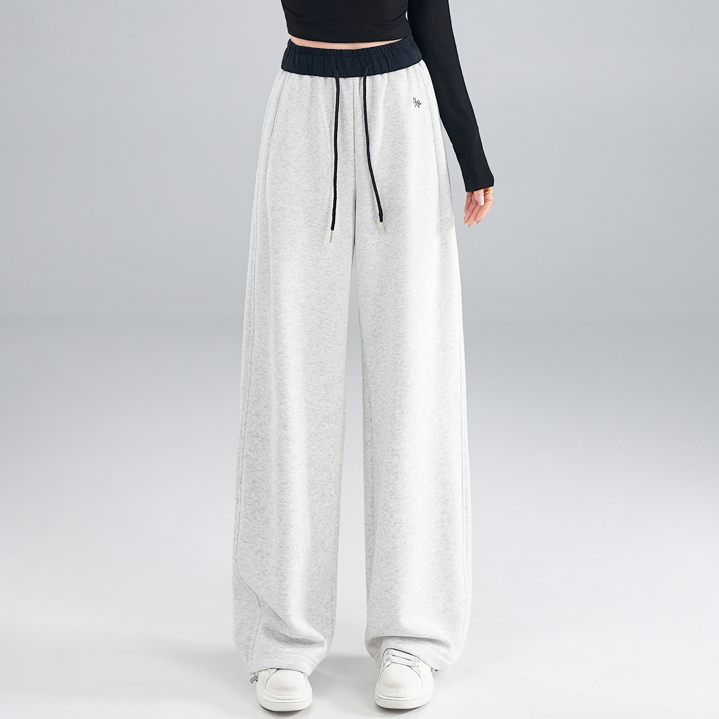 灰色运动裤女春秋2026年新款刺绣宽松显瘦松紧腰直筒裤加长弯刀裤