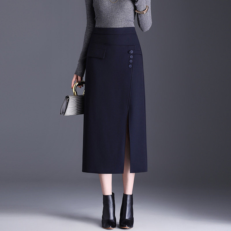 藏蓝色不规则韩版西装半身裙女秋冬裙子开叉中长款遮肚气质包臀裙