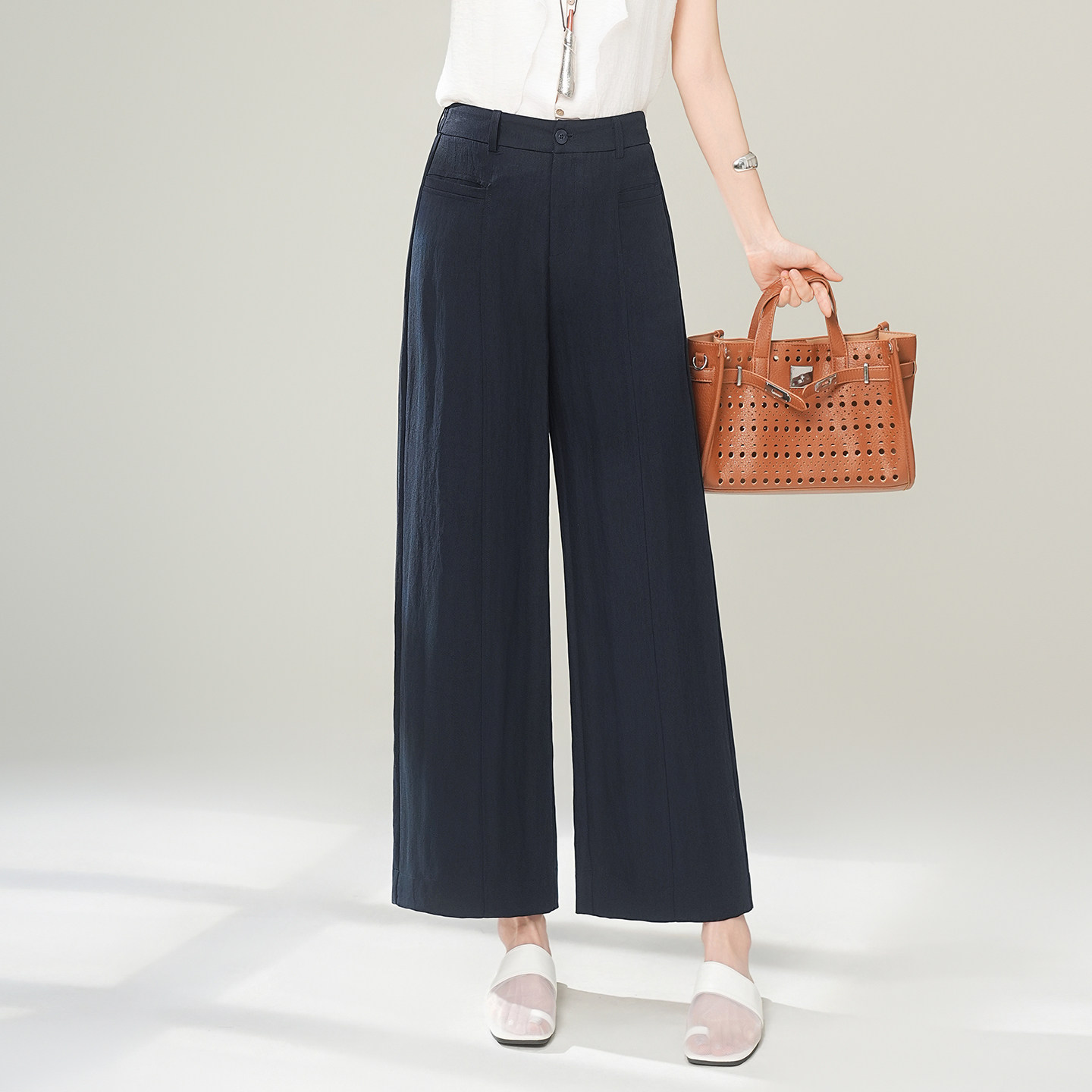藏青色天丝亚麻九分直筒裤女2026夏季薄款高腰显瘦垂感棉麻阔腿裤