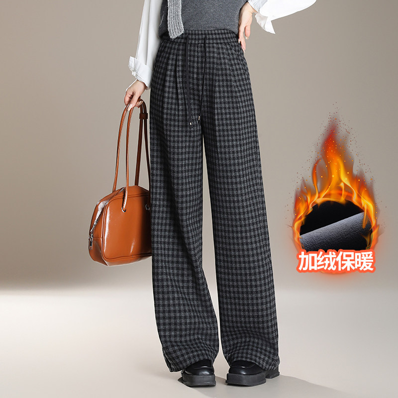 黑色格纹毛呢休闲裤女显瘦冬季加绒加厚拖地长裤宽松直筒阔腿裤潮
