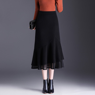 黑色毛呢裙高腰a字裙女秋冬小个子中长款半身裙包臀网纱边鱼尾裙