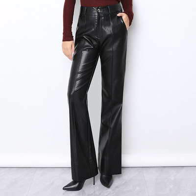 喇叭裤女2025新款外穿皮长裤秋冬显瘦高腰直筒pu皮开叉微喇马蹄裤