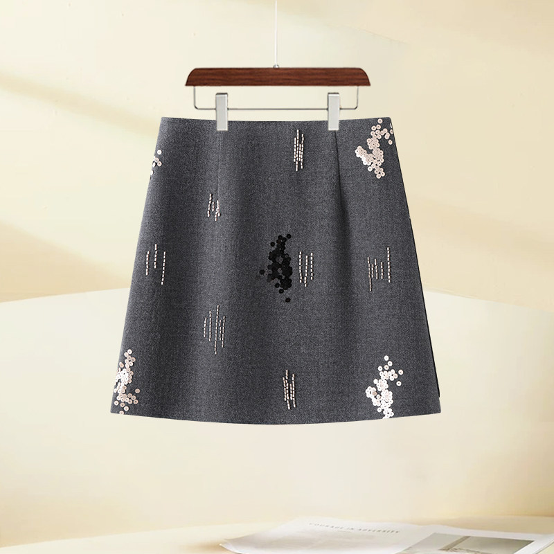 a字版手工钉珠短裙灰色半身裙2026春款时尚小个子半裙包臀a字裙