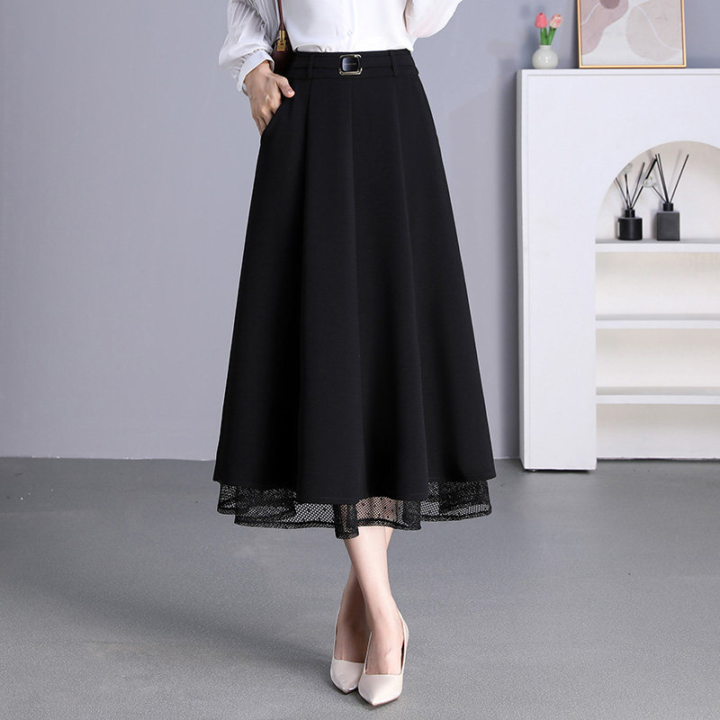 黑色半身裙女新款秋季高腰显瘦气质a字裙子垂感蕾丝边中长款伞裙