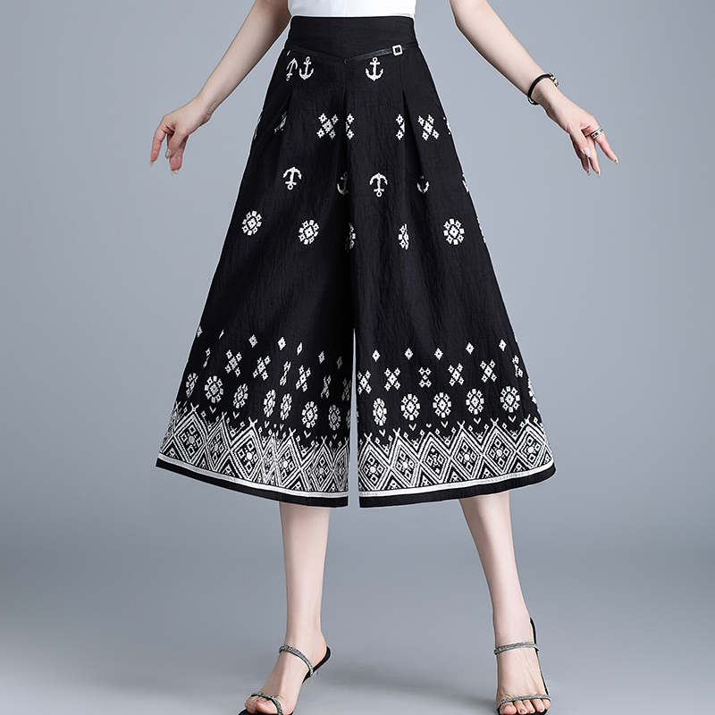 民族风休闲印花裤子七分裤女夏薄款冰丝麻料凉凉裤垂感阔腿裙子