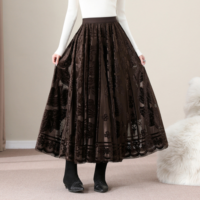 高级感刺绣蕾丝蓬蓬裙半身裙女秋冬季高腰显瘦网纱丝绒a字裙长裙