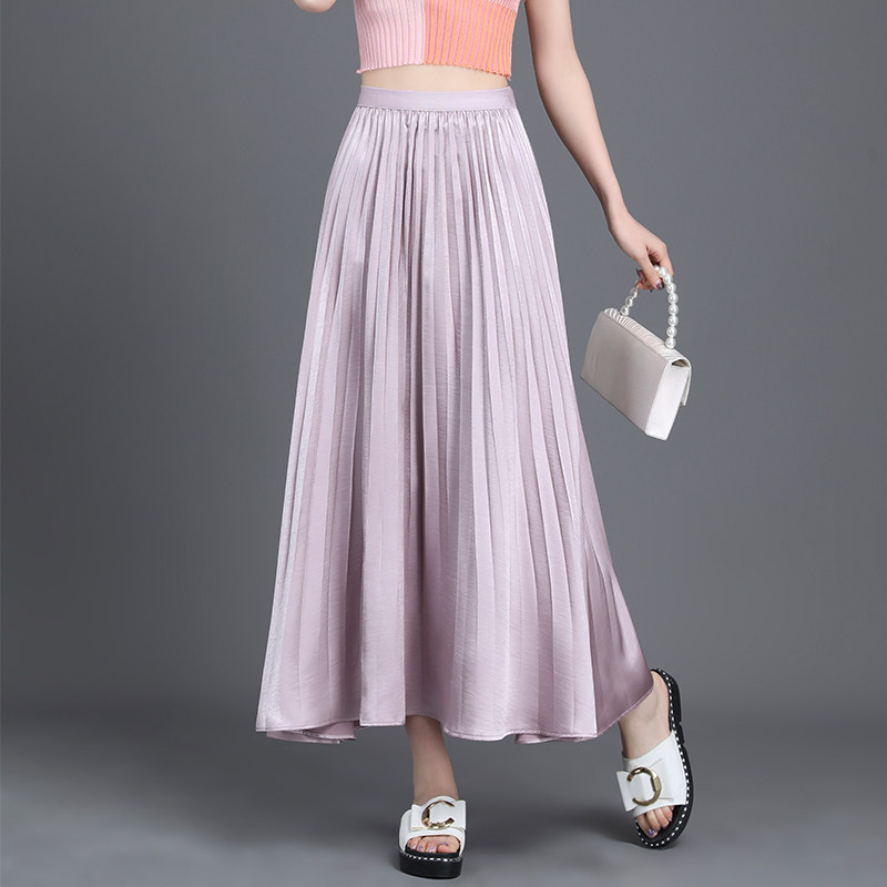 醋酸百褶裙女春夏季2025新款高腰a字显瘦垂感大摆长裙缎面半身裙