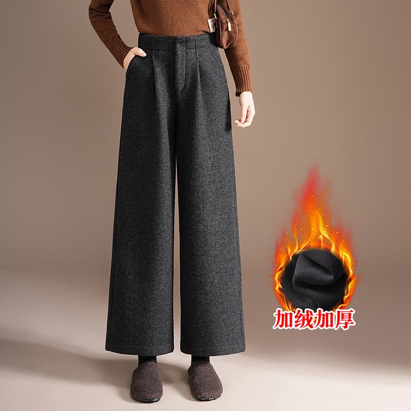 加绒加厚裤子九分阔腿裤女高腰显瘦小个子冬季宽松毛呢直筒休闲裤