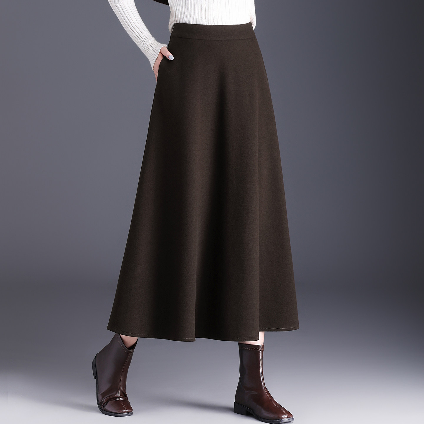 高级感毛呢半身裙女秋冬中长款a字裙高腰显瘦坠感伞裙遮肚子长裙