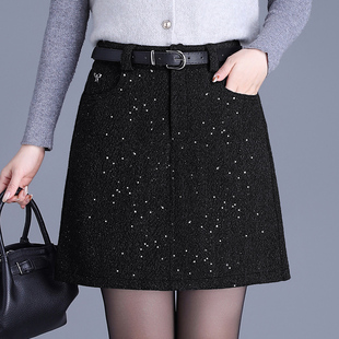2025秋冬新款短裙黑色a字百搭闪闪亮片显瘦韩系高级感毛呢半身裙
